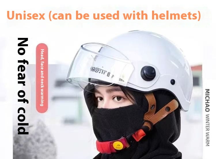 White unisex motorcycle helmet with clear visor and brown leather straps designed for use with windproof fleece balaclava ski mask hat.