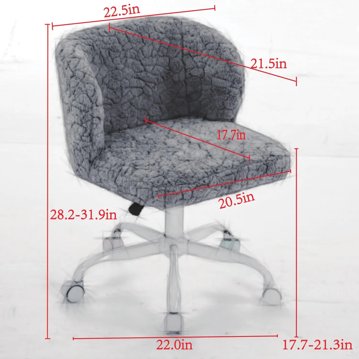 Fauteuil de bureau rembourré en tissu gris, avec assise et dossier capitonnés, soutenu par une base blanche à cinq branches, avec des roues colorées en fausse fourrure violette.