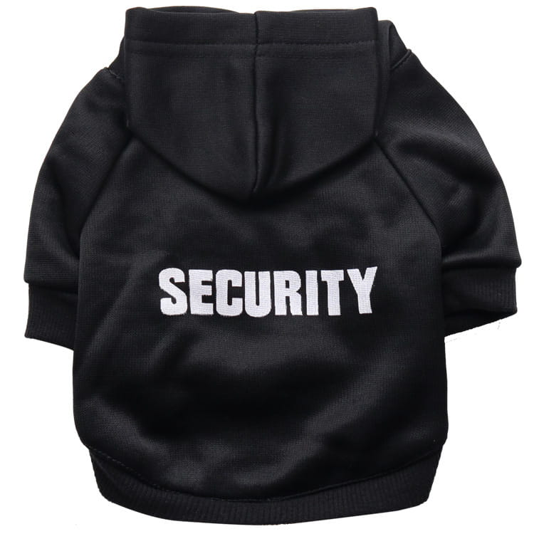 The back side of a black fleece pet hoodie with white security lettering designed as a dog sweatshirt.