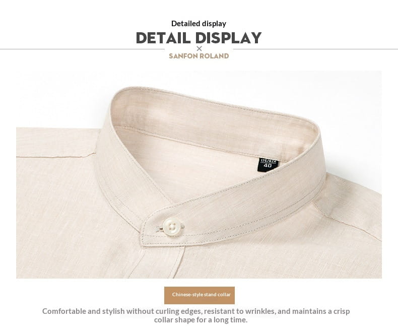 Beige cotton men linen mandarin collar slim shirt featuring a chinese-style stand collar and white button.