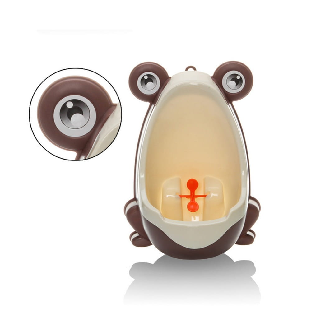 Braun- und cremefarbener Kunststoff-Frosch als Töpfchen-Trainingsaufsatz für die Toilette für Kinder mit großen runden Augen und einem drehbaren Windrad.