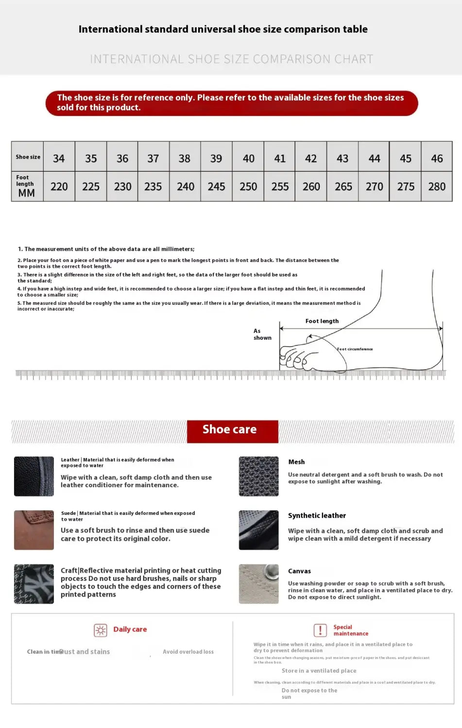International standard universal shoe size comparison chart with measurement guidelines and care instructions for men’s suede casual sneakers with chunky rubber sole.