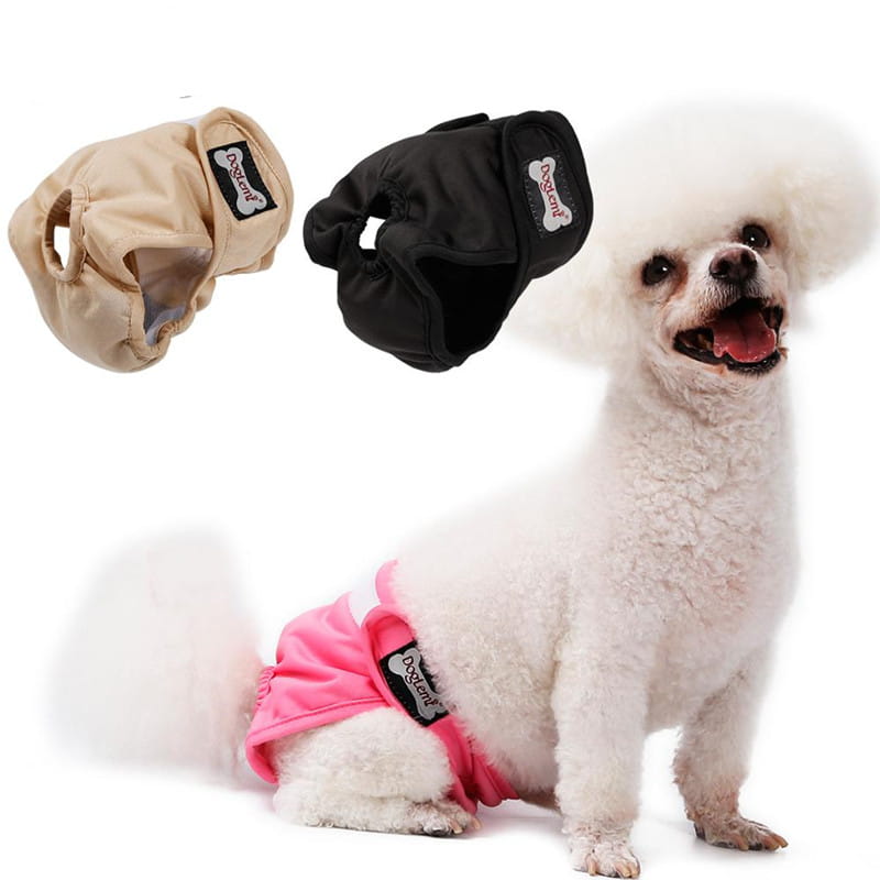 Pink breathable female dog diaper made of fabric with a black elastic waistband and a bone-shaped brand patch shown from the back side
