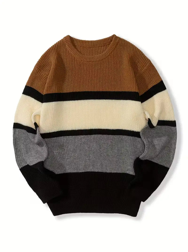 Gemütlicher Herren-Halloween-Weihnachtsurlaub-Pullover mit langen Ärmeln und horizontalen Streifen in Braun, Creme, Schwarz und Grau sowie einer gerippten Strickstruktur.
