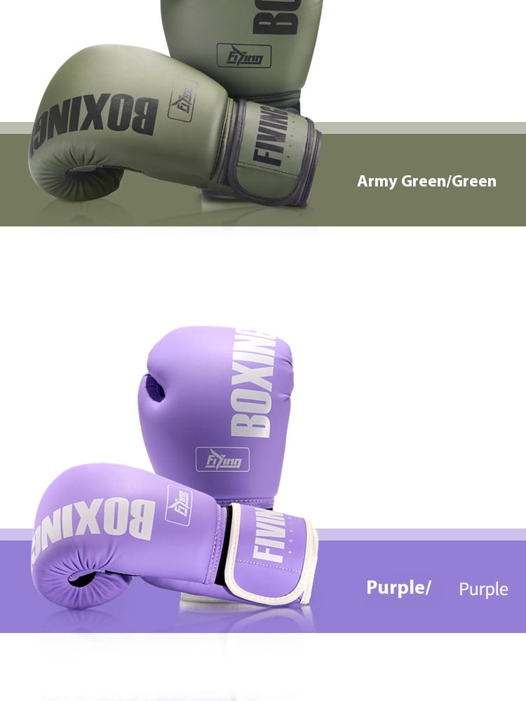 Damen-Rosa-Boxhandschuhe für Training und Sanda-Kampfausrüstung mit Armeegrün- und Violett-Tönen sowie Boxbranding in kontrastierenden Farben.