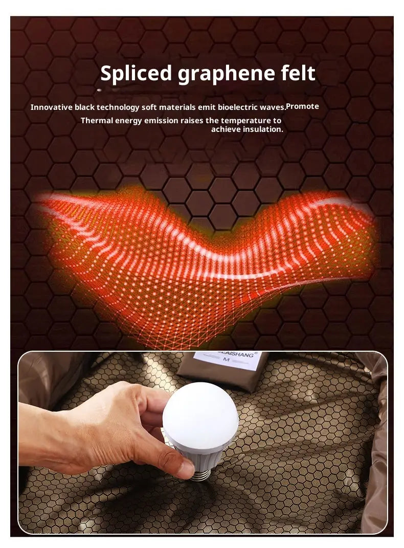 Eine weiße runde LED-Glühbirne mit Gewindesockel, in der Hand gehalten, vor einem hexagonalen Hintergrund mit einem Damen-Wintermantel mit mittlerer Länge aus wattierter Steppung.