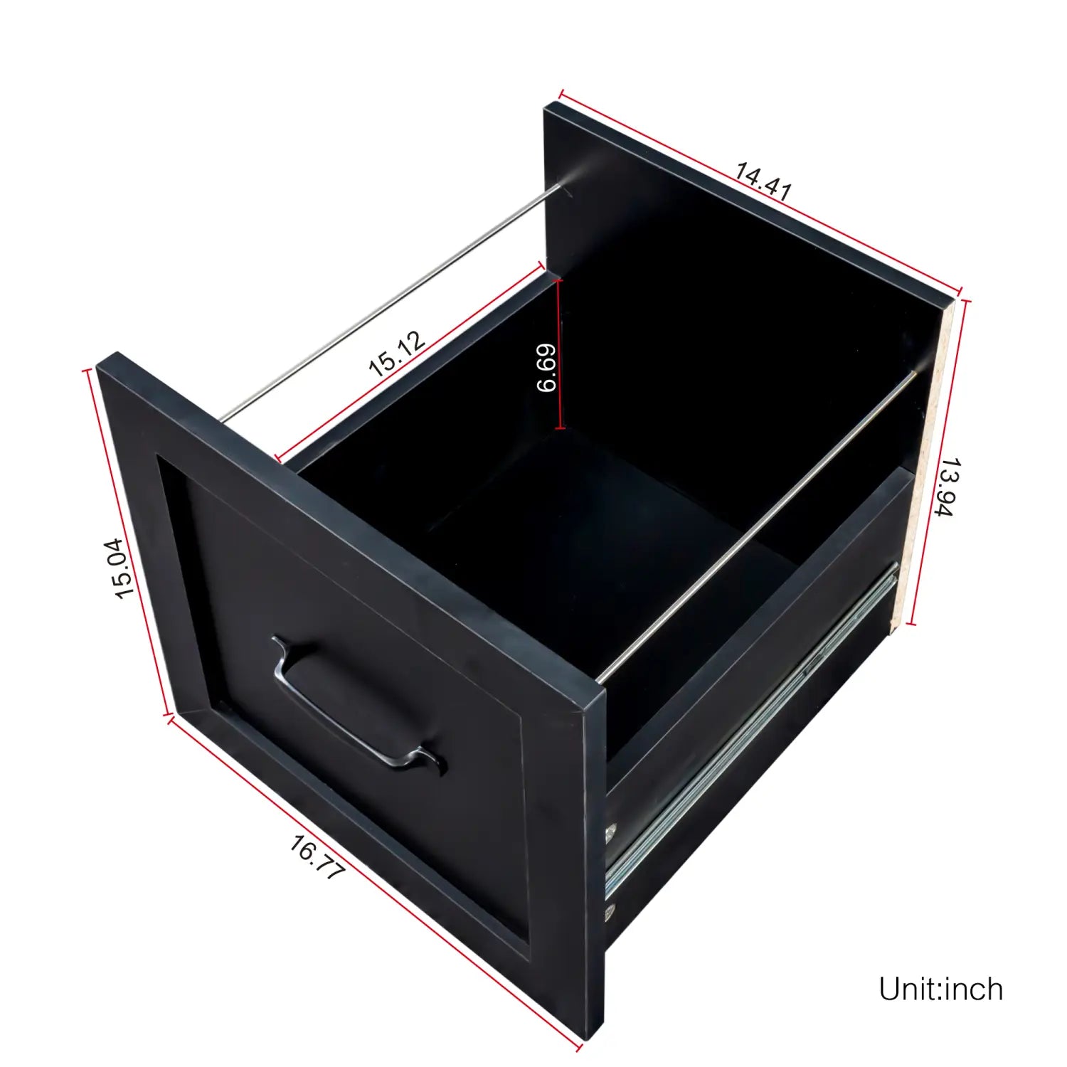 Tiroir noir au design moderne et élégant, avec poignée métallique, issu d’un bureau d’ordinateur en forme de L avec hutch et tiroirs.