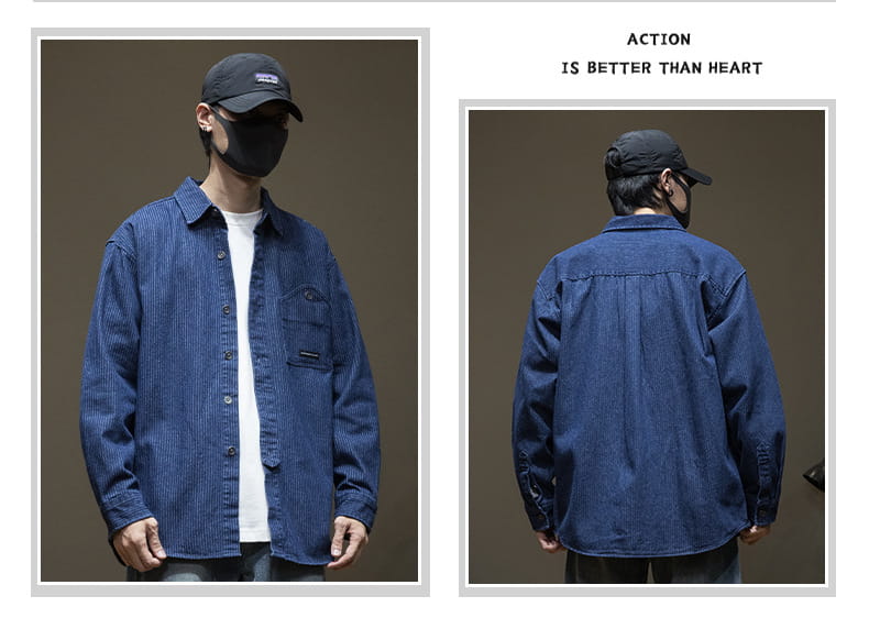 Herrenhemd aus blau gestreiftem Denim mit langen Ärmeln, in Frontansicht dargestellt, mit lässigem Stil und strukturierter Oberfläche.