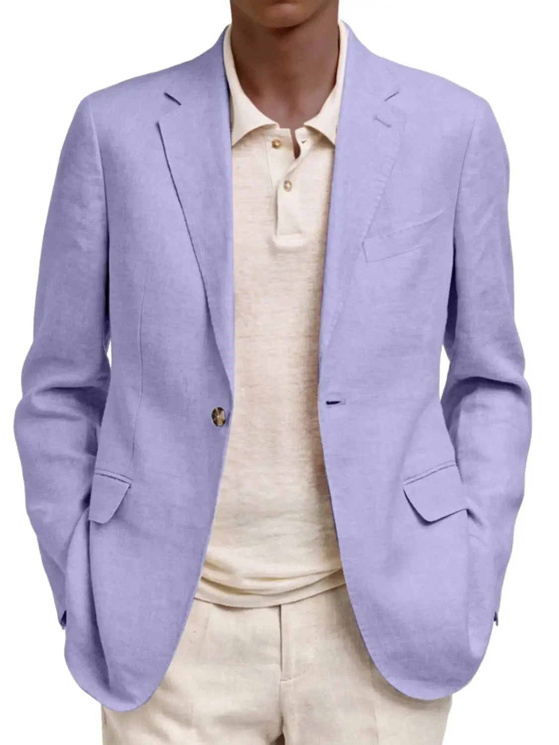 Hellviolettes Herren-Leinen-Slim-Fit-Casual-Blazerjackett mit einreihigem Design und zwei vorderen Taschen.