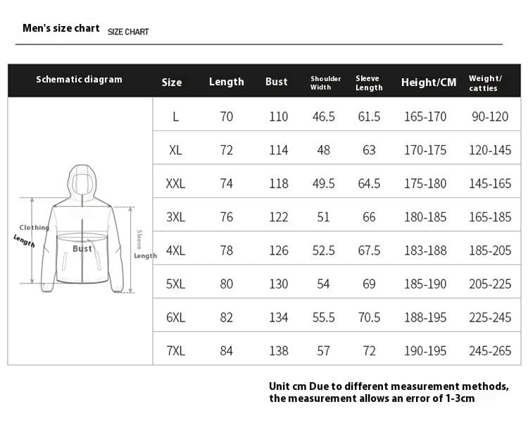 men plus size warm winter hooded jacket size chart displaying measurements for men’s hoodie sizes from l to 7xl