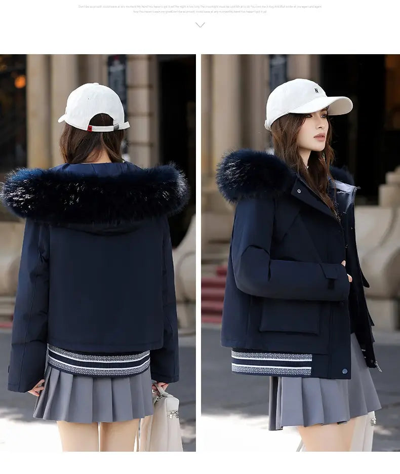 Navy blue faux fur collar puffer jacket with a plush black fur-lined hood and striped trim at the hem.