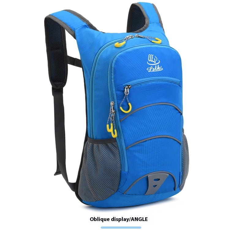Bright blue hydration backpack with black mesh side pockets and yellow zipper pulls designed as a lightweight outdoor cycling bag.