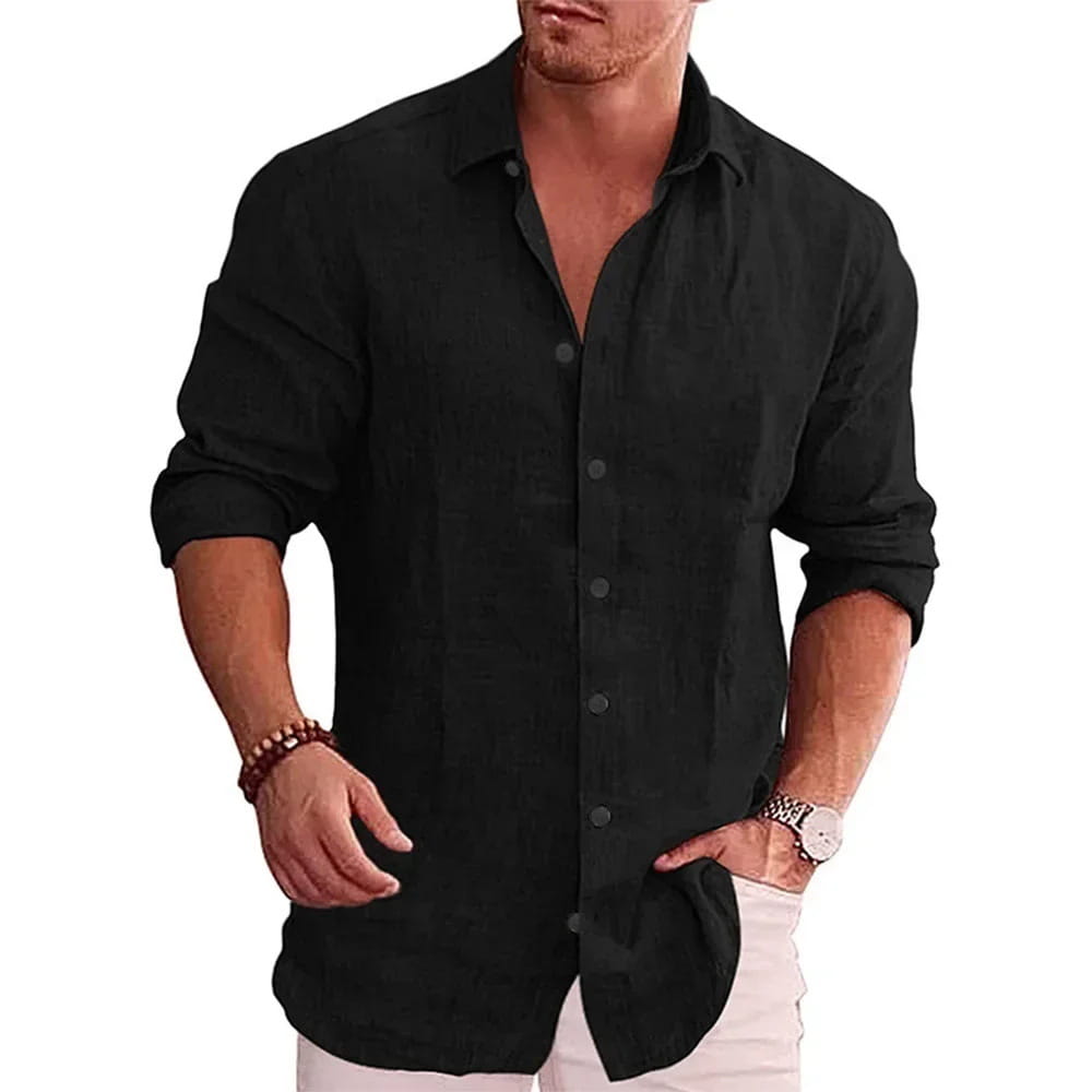 Ein einfarbiges Slim-Fit-Leinenhemd für Herren in Schwarz mit langen Ärmeln, lockerer Passform und umgeschlagenen Bündchen.