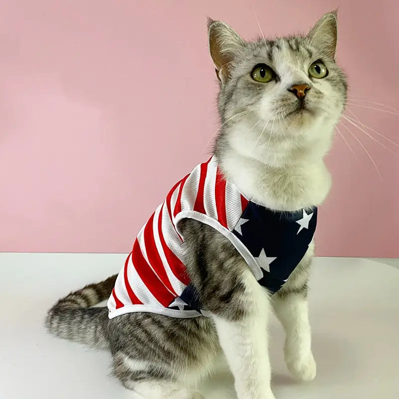 Gato atigrado gris y blanco que lleva un chaleco de malla para perro con bandera estadounidense con franjas en rojo, blanco y azul y patrones de estrellas, diseñado como una camiseta para mascota de EE. UU.
