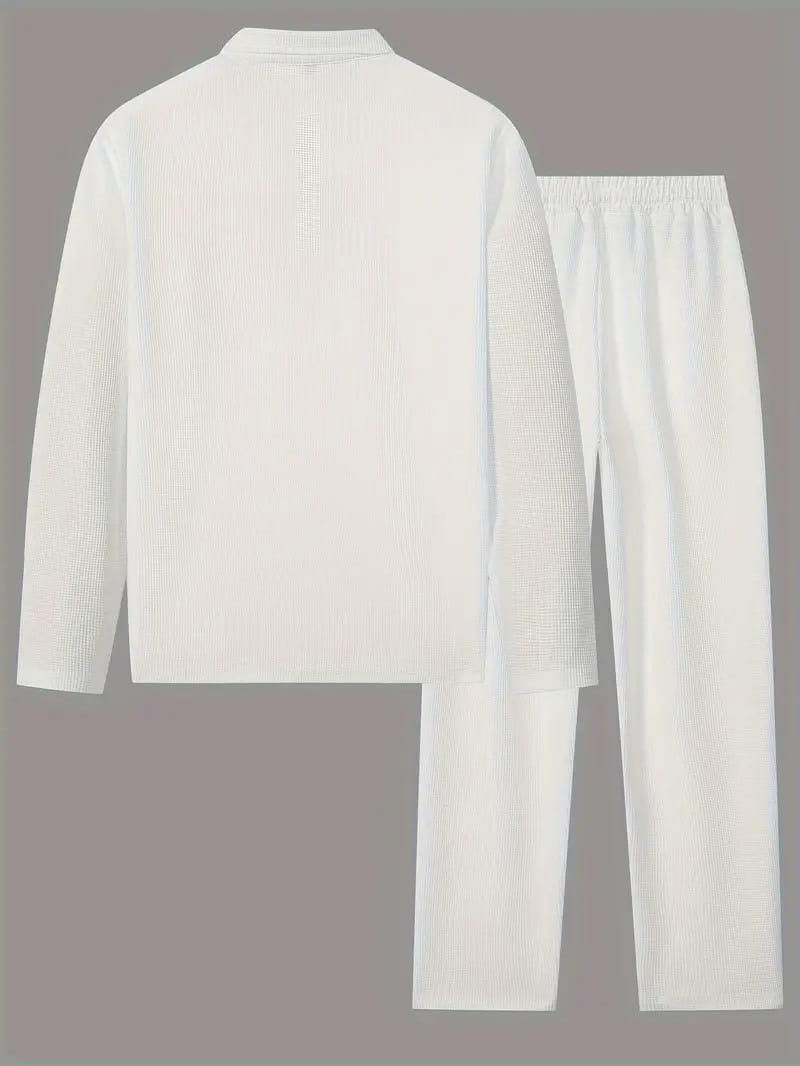 white ribbed knit pajama set with collared top and elastic waist pants in a mens minimalist solid color sweatshirt jogger set style