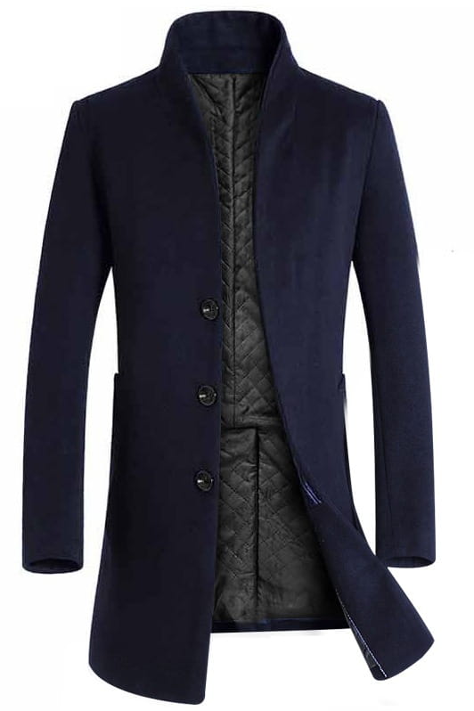 Men slim woolen trench coat in dark navy with a quilted black inner lining and three front buttons made of wool.