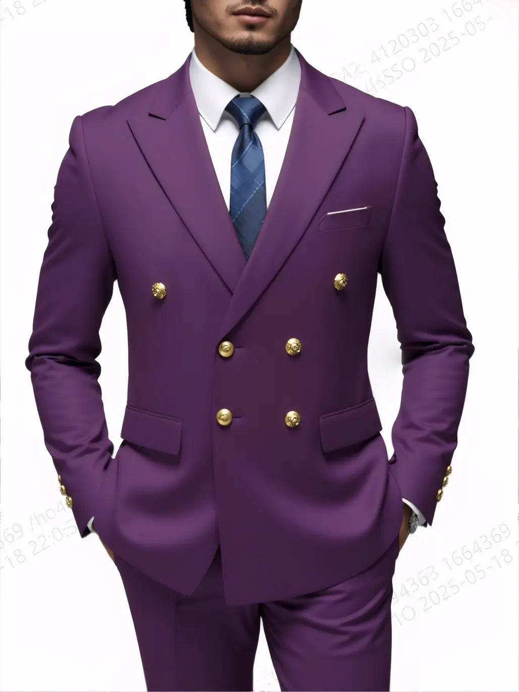 Costume homme non repassable à double boutonnage violet, avec boutons dorés, conçu pour les tenues formelles
