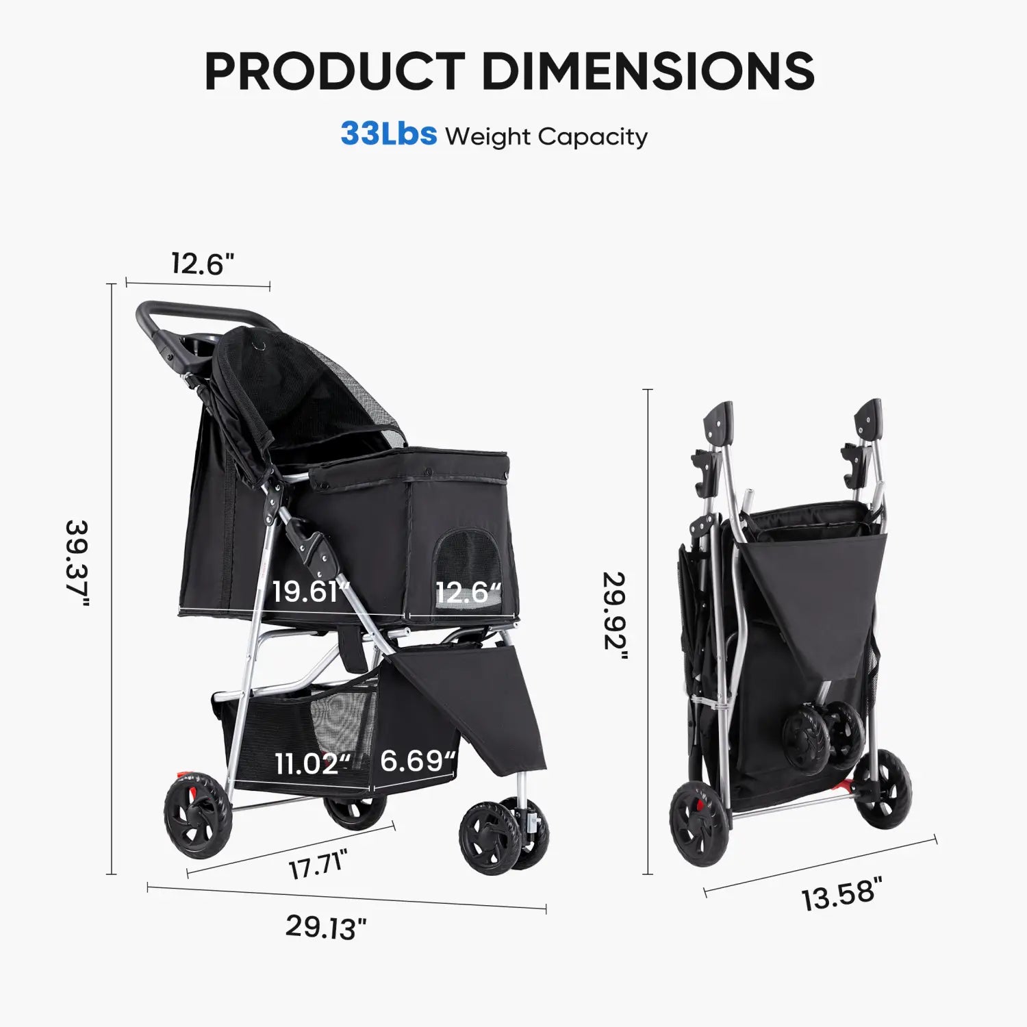 Black pet stroller with silver frame and four swivel wheels designed for comfort and convenience with cushioned seating