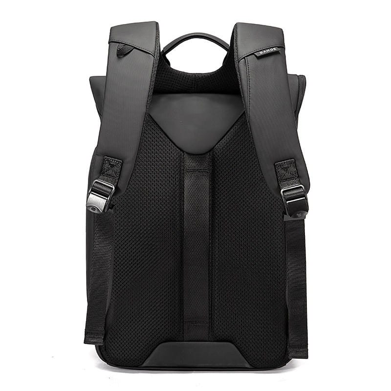 black nylon business backpack large capacity 30l shown from the back with mesh back panel and padded shoulder straps