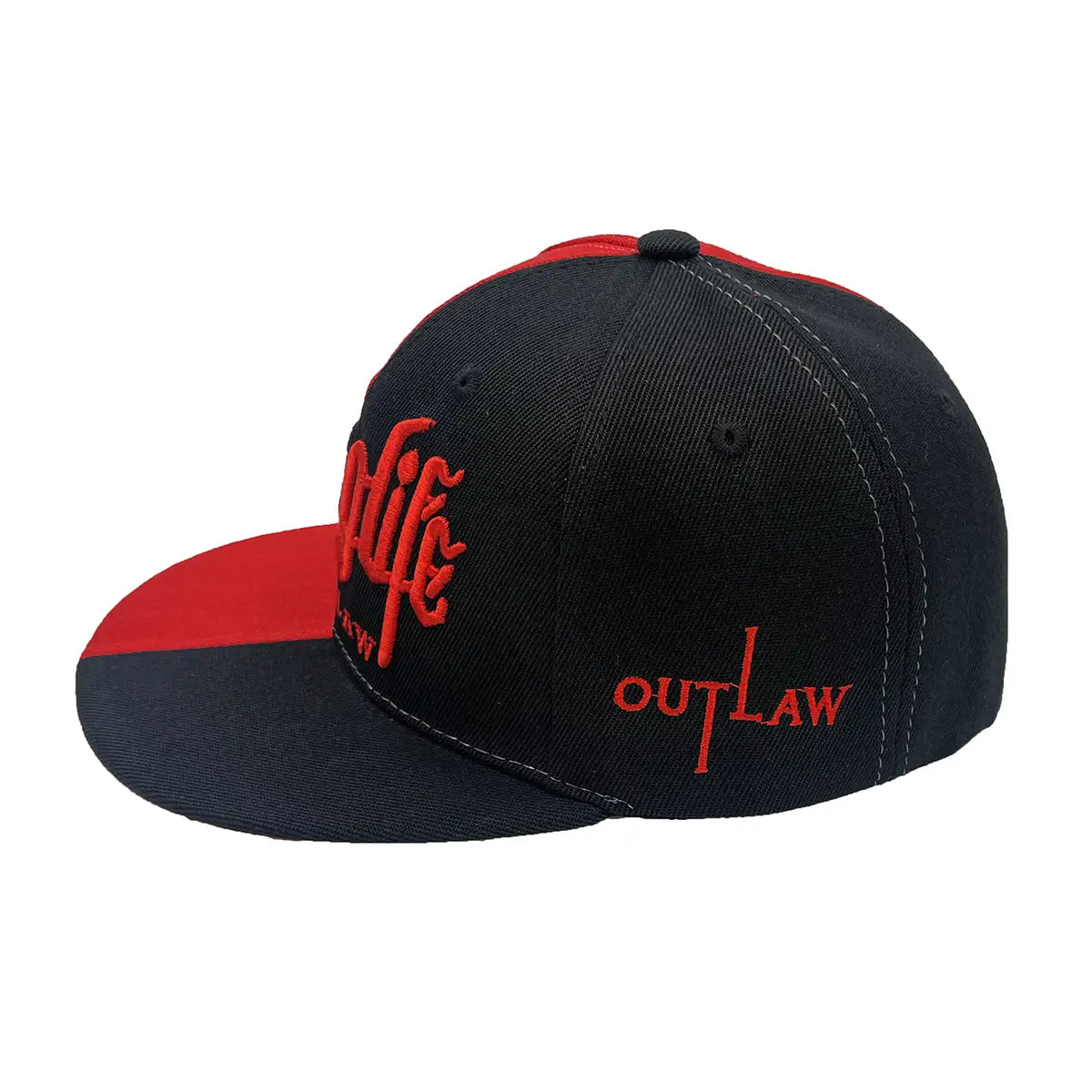 Black and red embroidered hip hop snapback cap featuring bold orange outlaw branding in script.