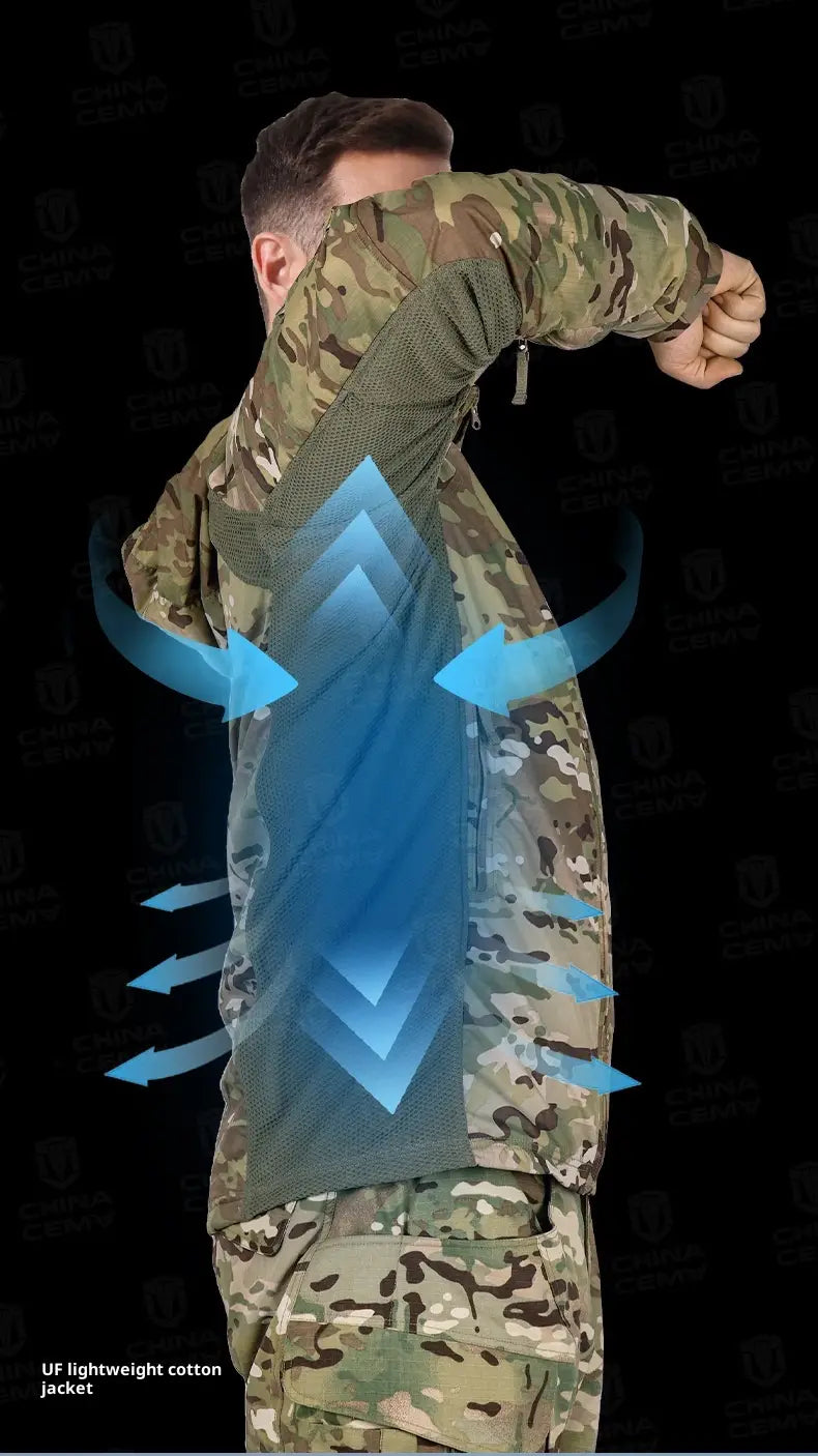 Veste tactique légère en coton softshell en motif camouflage, présentant l’arrière avec un panneau en maille pour la ventilation.