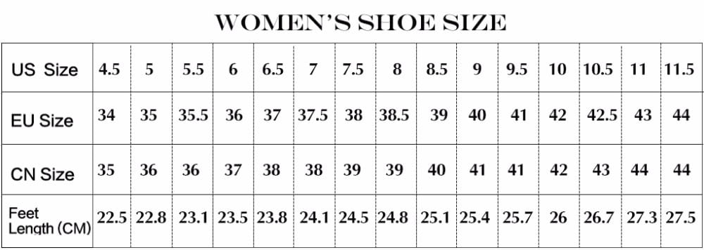 Botines de cuero para mujer con hebilla dorada, tacón de bloque tipo pump y una tabla de conversión de talla de calzado que muestra tallas de EE. UU., UE y China (CN), con la longitud del pie en centímetros.