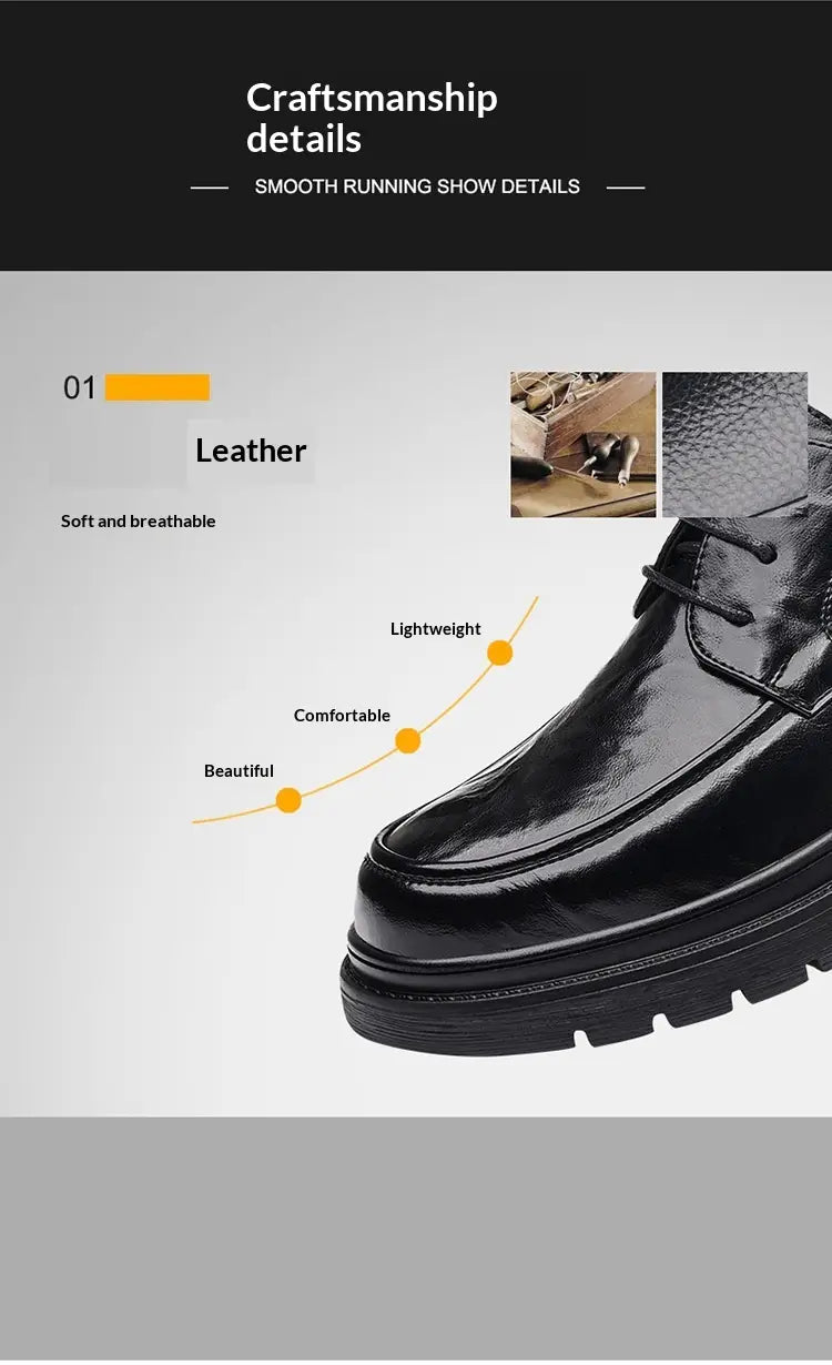Men’s trendy chunky leather elevating casual shoe in black patent leather with lace-up design and rubber sole.