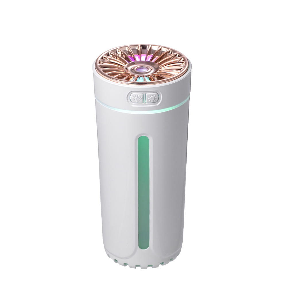 A sleek white cylindrical phantom cup humidifier with a rose gold top featuring an illuminated fan design and a vertical green light strip along its side for silent USB air diffusion.