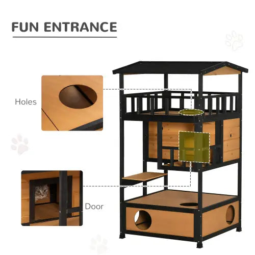 Wooden outdoor cat house multi level shelter with black metal frame and light brown wooden panels featuring roofed entrance multiple platforms and enclosed sleeping areas.