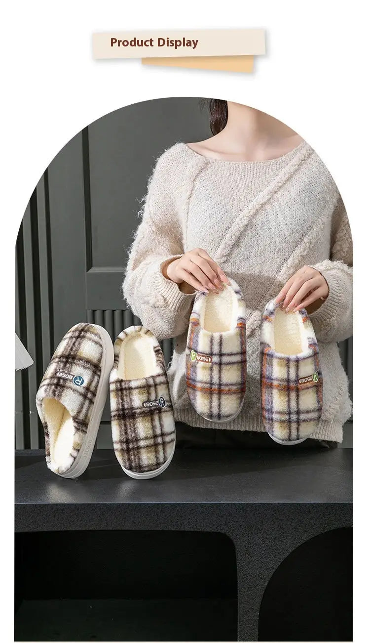 Unisex plaid fleece lined non slip indoor slippers featuring a soft plush interior and white rubber soles.