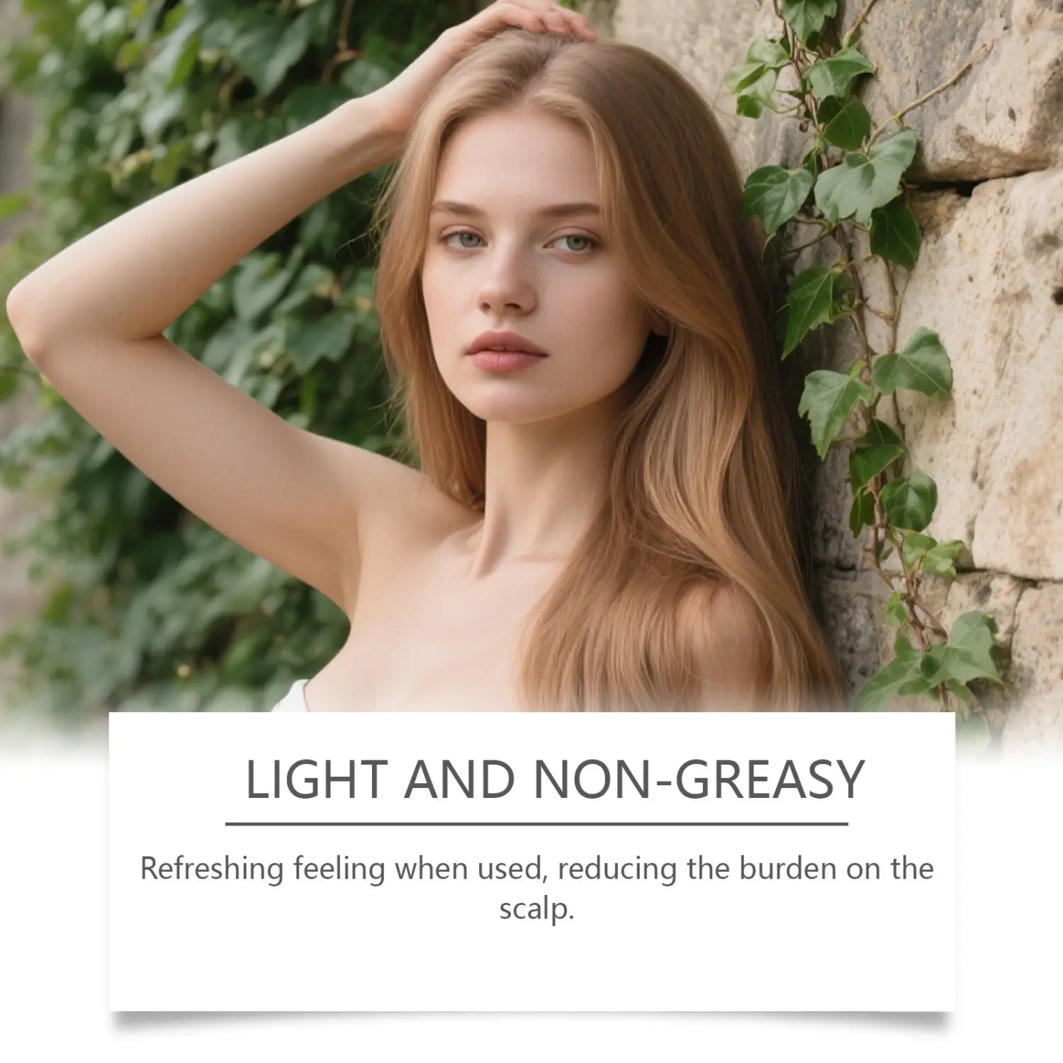 a woman with long light brown hair and fair skin poses against a stone wall with green ivy illustrating the microneedle hair thickening solution roller kit for improved hair density.