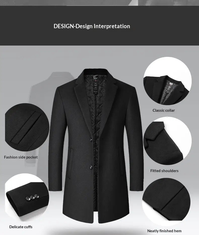 Black woolen men’s overcoat with classic collar fitted shoulders and delicate cuffs designed as a warm winter jacket.