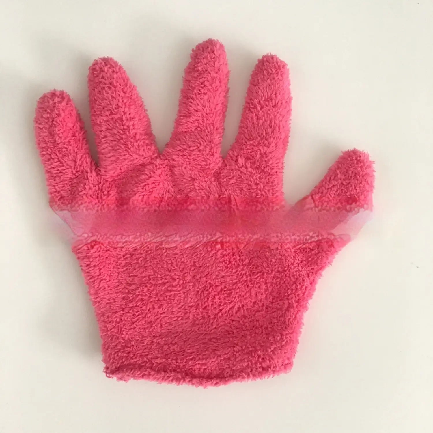 Plush coral fleece bath dust glove in pink textured fabric with a sheer mesh wristband shown from the back side.