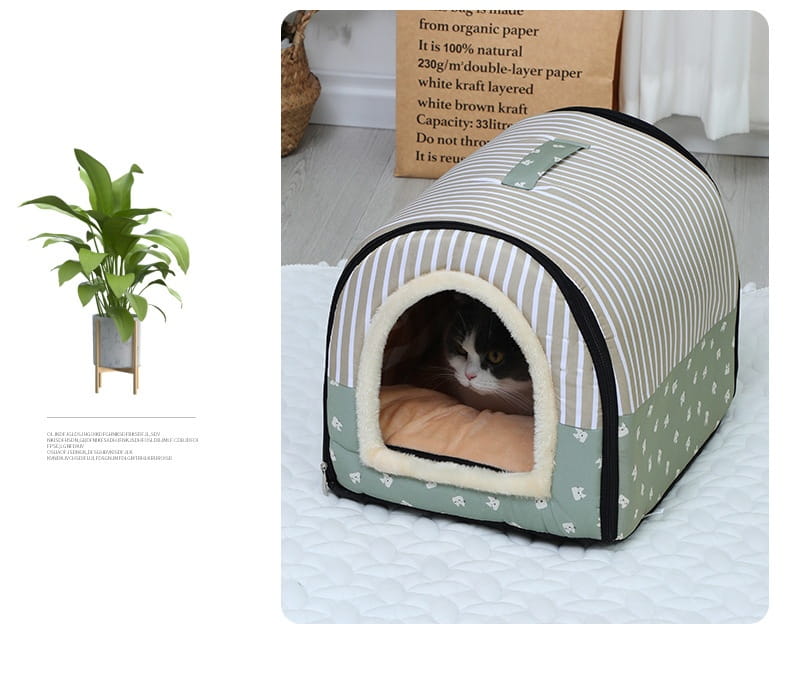 Cama portátil para mascotas, suave y tipo peluche, con patrón a rayas y verde, para gatos y perros, con un revestimiento interior beige suave.