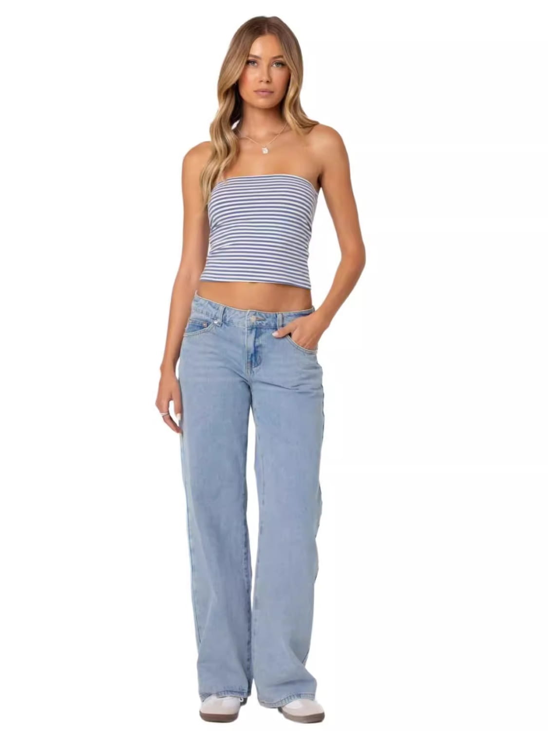 High waist wide leg denim jeans in light-wash with a straight-leg cut and classic five-pocket design.