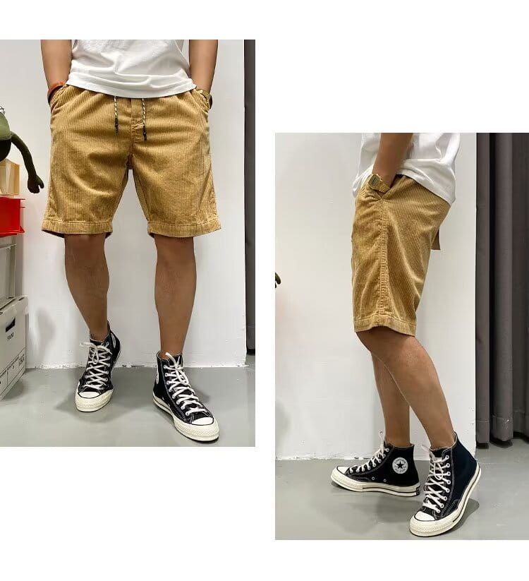 Herren-Retro-Camel-Cord-Sommer-Arbeitsbekleidung mit Kordelzug und kurzen Hosen mit Kordelzugbund und umgeschlagenen Säumen.