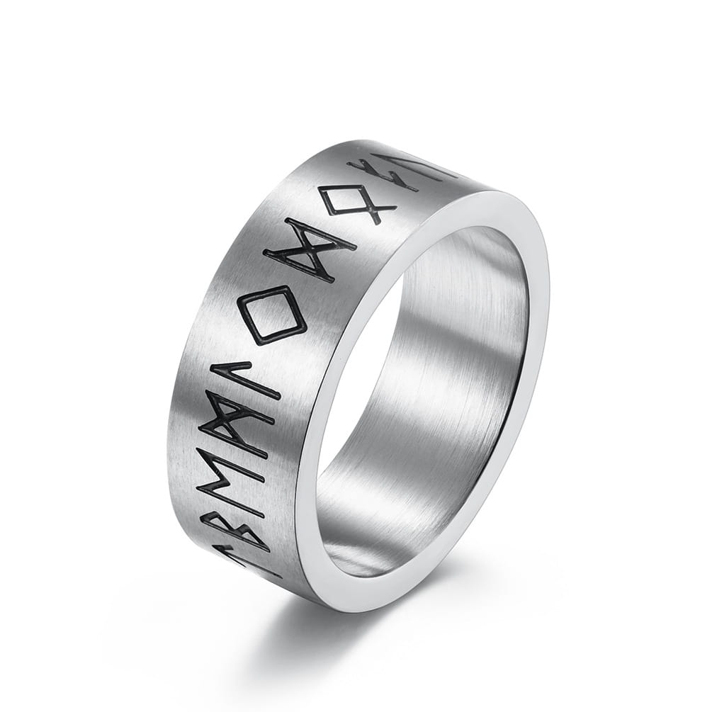 A sleek silver-toned engraved runic titanium steel band ring for men and women displaying detailed runic designs on its outer surface.