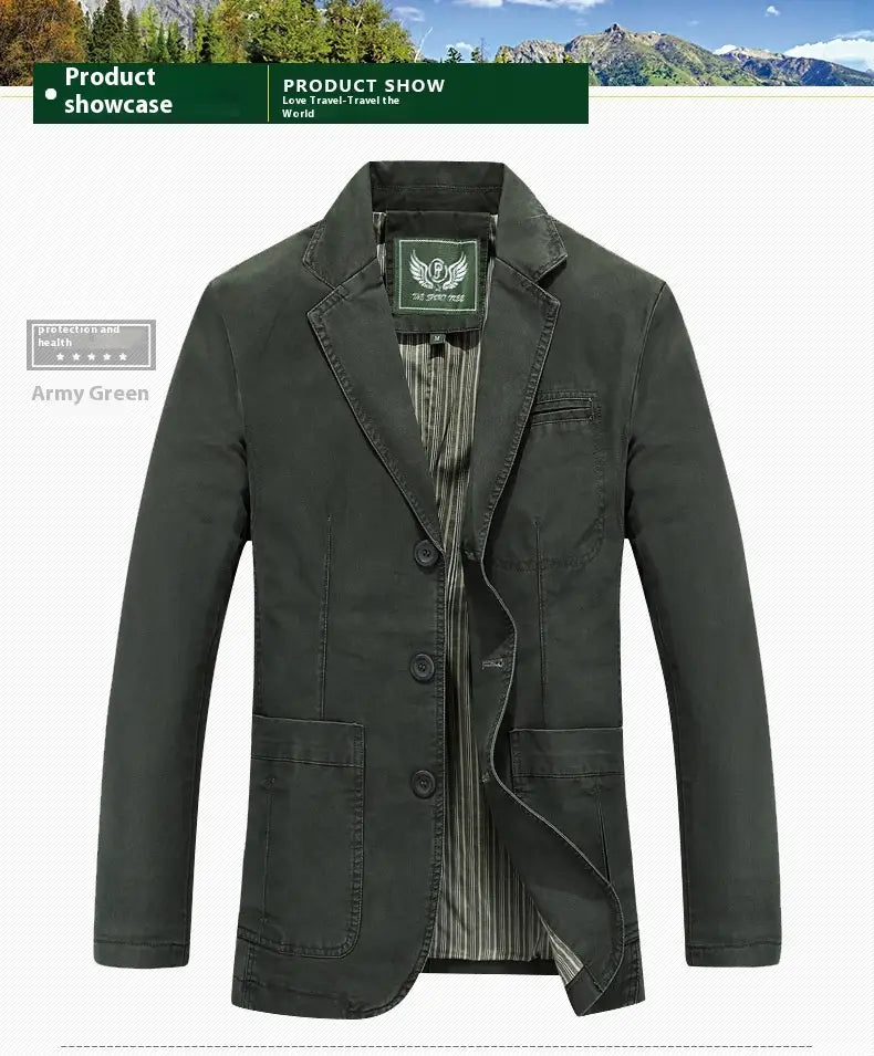 Herren-Übergrößen-Baumwoll-Freizeitblazer in Armeegrün mit klassischem Kragen, drei Vorderknöpfen und zwei aufgesetzten Taschen mit Patte.
