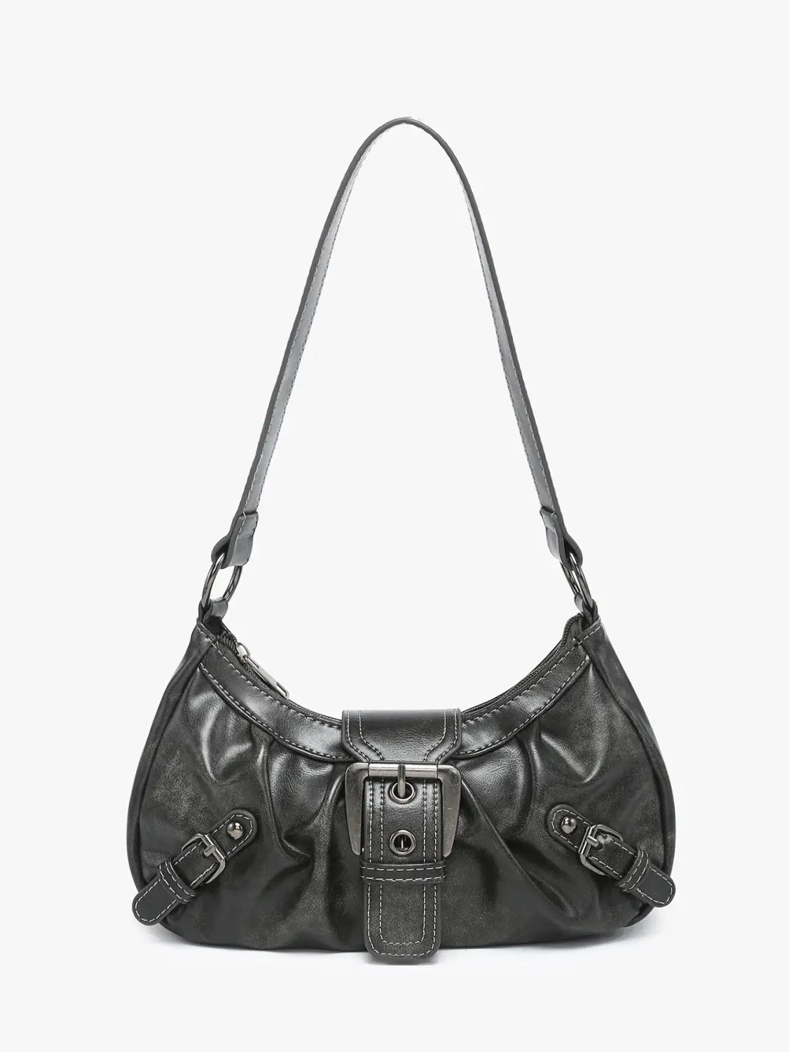 Black leather vintage hobo shoulder bag with central buckle closure and adjustable strap.