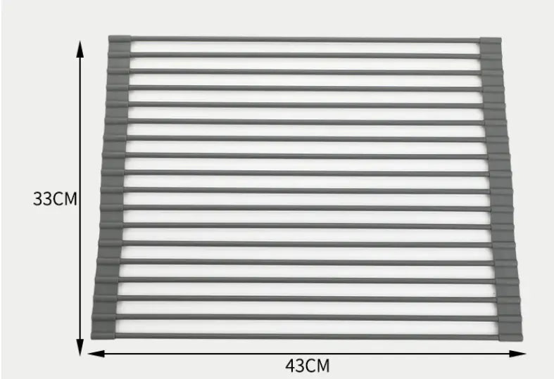 Graues Silikon-Küchengestell mit 16 parallelen horizontalen Streben, ausgelegt als Edelstahl-Klapp-Sieb-Abtropfmatte.