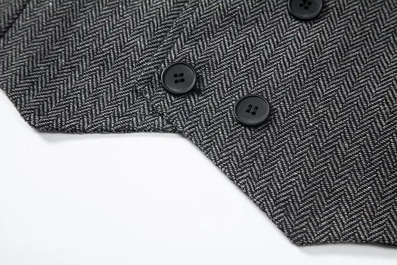 Abrigo de doble botonadura negro con patrón de espiga diseñado como chaleco de traje tipo sastre doble abotonado de espiga para hombre.