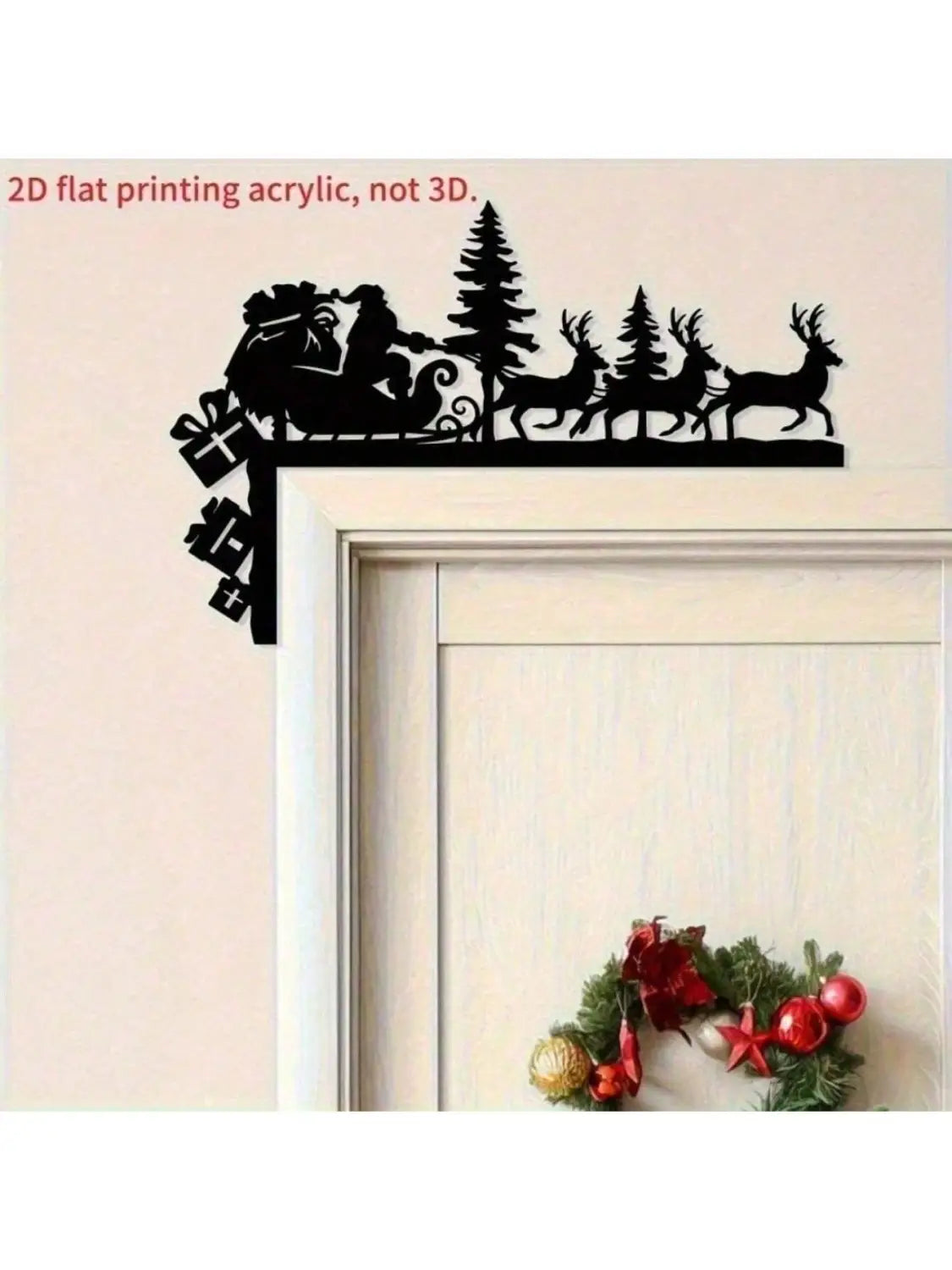 Décoration murale de Noël en acrylique noir présentant une silhouette du Père Noël dans son traîneau tiré par des rennes, avec des arbres et des cadeaux enveloppés, pour une décoration de vacances festive.