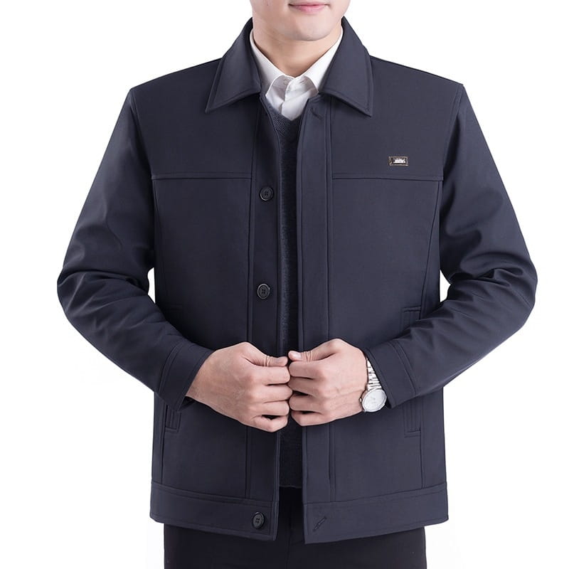 Men casual quilted jacket autumn outerwear in dark navy blue with a structured collar front button closure and two chest pockets.