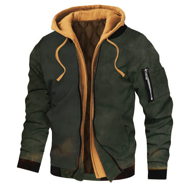Plus size fleece lined hooded bomber jacket in dark green with a tan lined hood and matching drawstrings featuring black ribbed cuffs and waistband.
