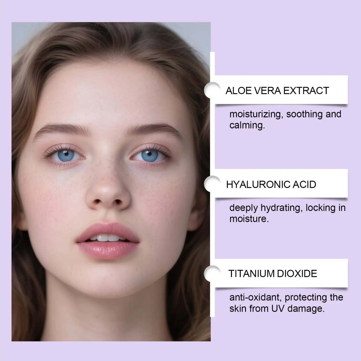 A close-up portrait of a young woman with striking blue eyes and light brown hair showcasing clear complexion wearing hydrating BB cream perfect cover serum foundation.