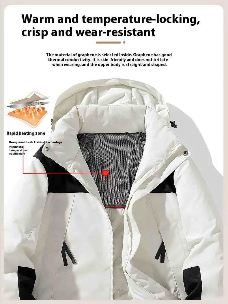 White and black waterproof thermal winter puffer jacket with graphene lining for insulated warmth.