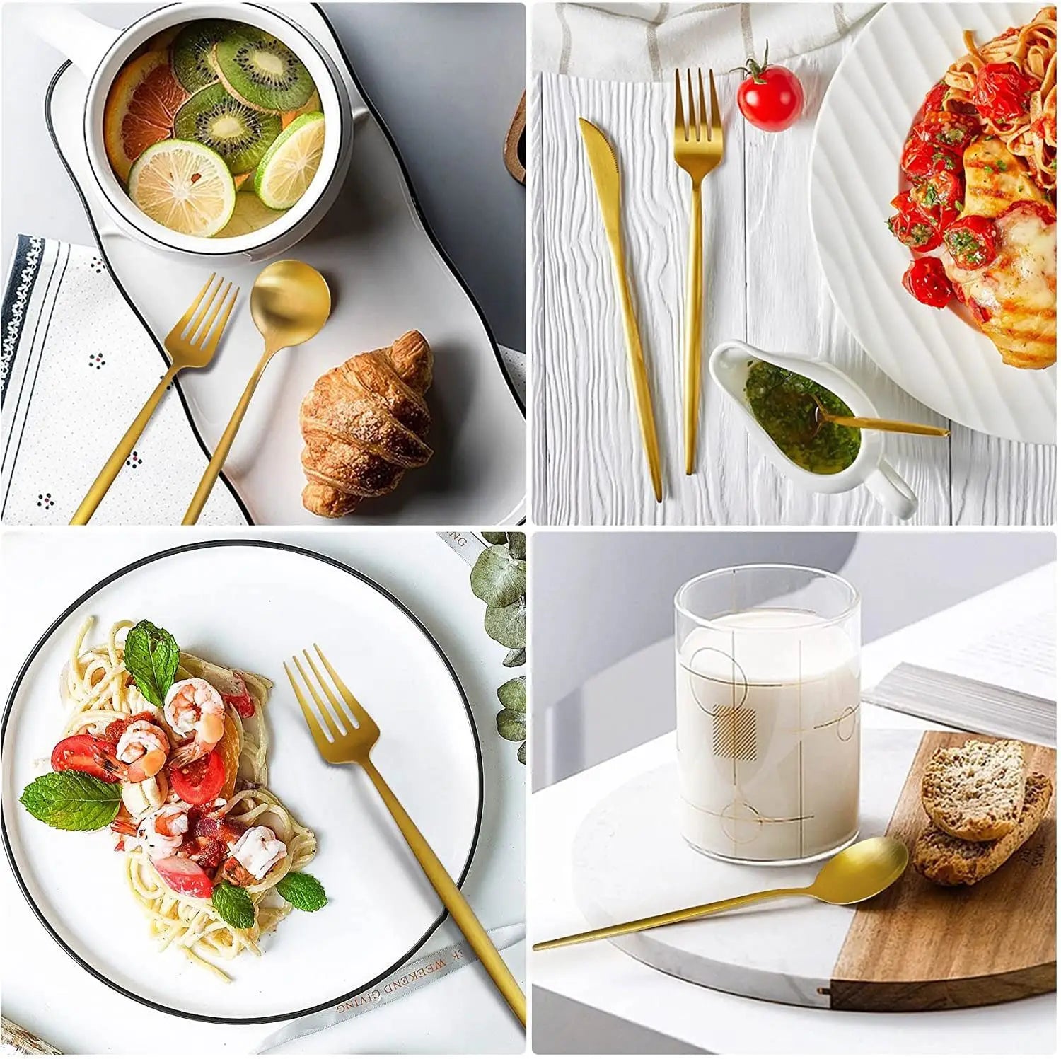 Gold-colored stainless steel flatware set with a sleek modern design and polished finish for minimalist table settings.