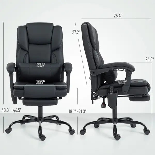 Black leather massage office chair with high back, adjustable lumbar support, and footrest.