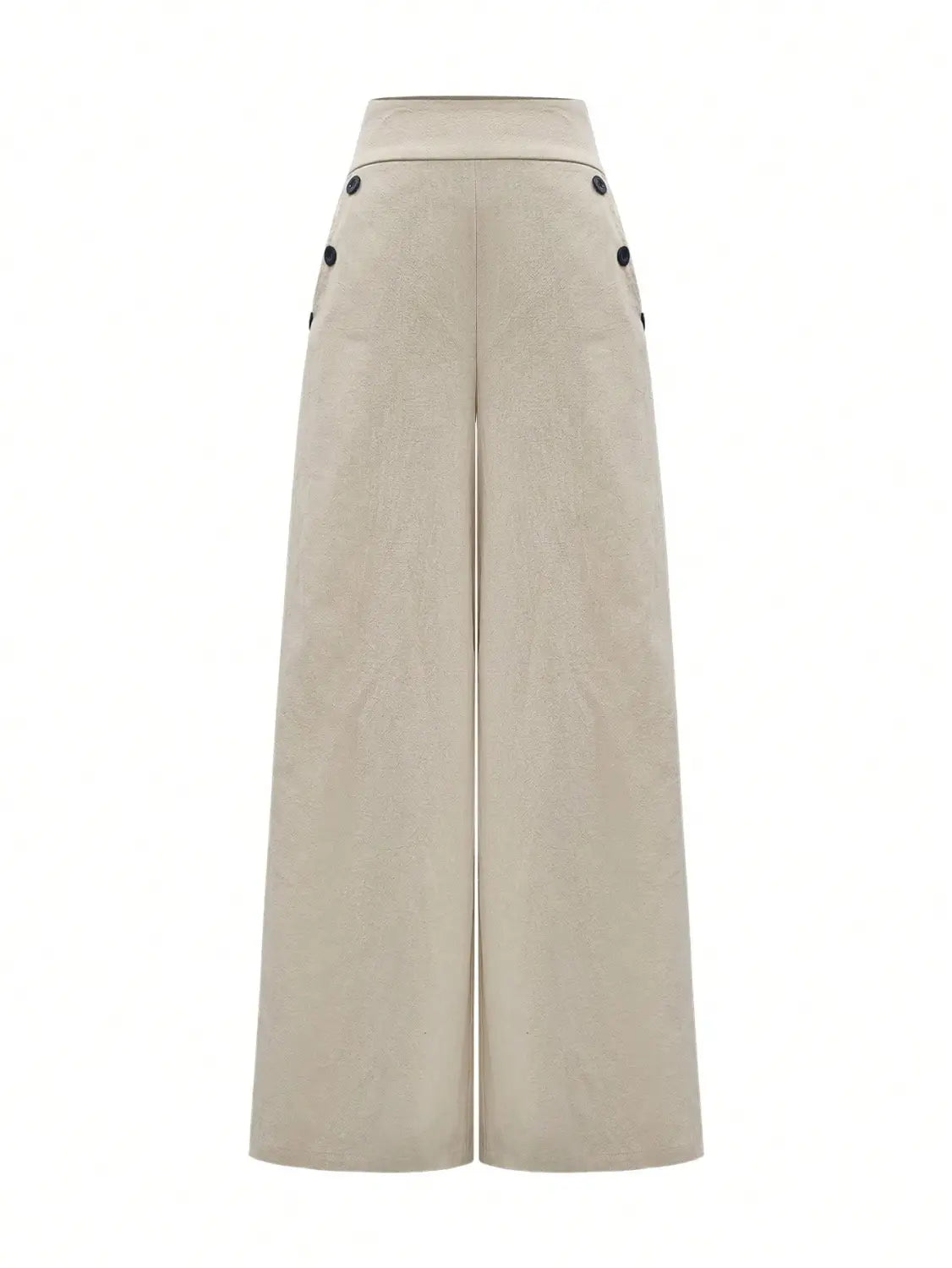 Pantalon ample taille haute beige doté d’accents de boutons noirs sur les coutures latérales.