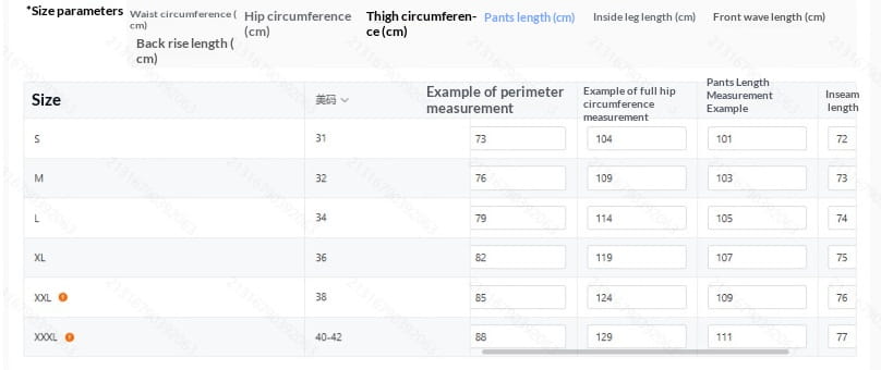 Size chart for mens cargo jacket and pants set detailing pants measurements in centimeters for sizes s through xxxl.